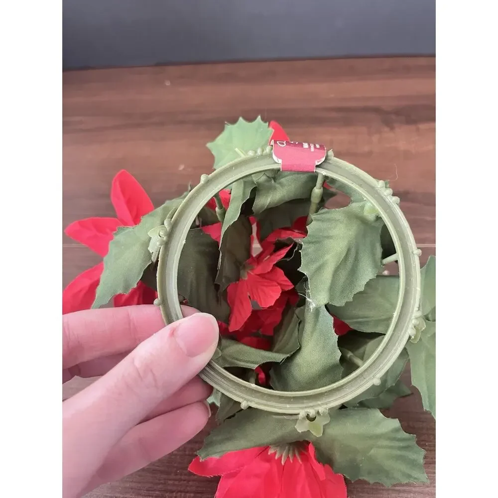 Vintage Plastic Christmas Wreath Candle Ring Poinsettias With Tag